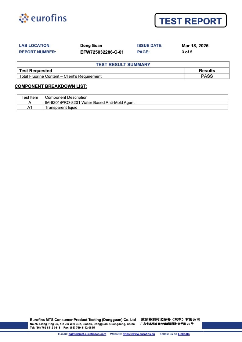 IM-8201 水性防霉劑 - 總氟測試 (Total Fluorine Test) 3 Im水性防霉劑通過總氟測試 Total Fluorine Test 3